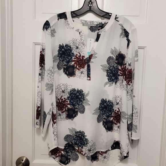 NWT Daniel Rainn Bold Floral Print Blouse Size Large, Koda Split Neck, Rolltab - Picture 2 of 8